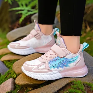 Zapatillas cómodas de cuero rosa para niñas con diseño de alas brillantes para correr