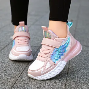 Zapatillas de cuero rosa para niñas con diseño de ala azul para correr afuera