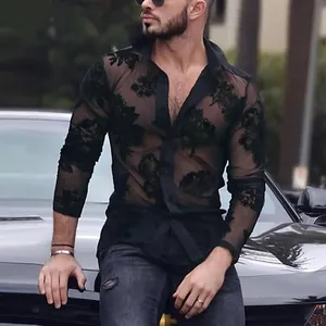 Herren Sexy Durchsichtiges Spitzenhemd Langarm Mesh Transparentes Top Blumen Stickerei Button Down Party Clubwear Revers Hemd Top