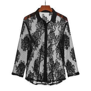Schwarzes Spitzen-Herrenhemd mit Blumenmuster und langen Ärmeln für Partys und Club