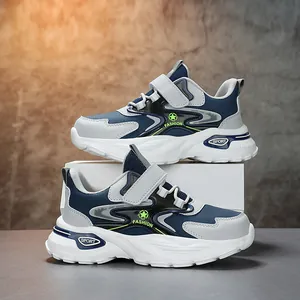 Stilvolle Leder-Sneaker für Jungen mit weicher Sohle und Klettverschluss, Blau Grau.