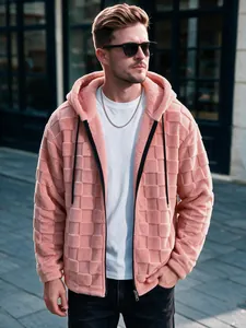 Detailed shot of pink textured fleece hooded zip-up jacket for men's winter fashion