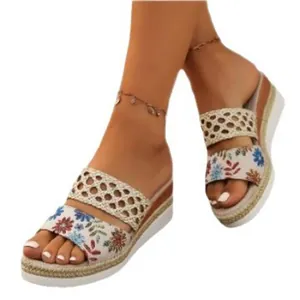 Stylish floral embroidered women's wedge sandals featuring a braided rope platform sole