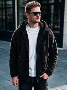 Detail shot of black checkered texture zip-up hoodie for men with cozy fleece lining.