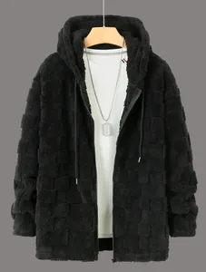Detailed close-up of a men's black plush hooded zip-up jacket with checkerboard texture