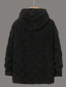 Back view of a black fuzzy hooded jacket with textured checkerboard pattern