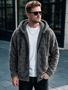 Close-up detail of men's grey hooded fleece jacket with textured checkerboard pattern