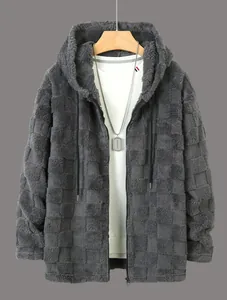 Macro detail of grey checkered plush fleece hooded jacket for men with zipper