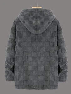 Close-up of grey plush hooded jacket with checkered texture back view