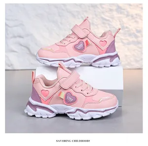 Pink girls' sneakers with heart design and soft sole for running and school