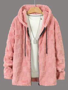 Pink checkered fuzzy fleece hooded zip-up jacket for men, stylish winter outer layer.