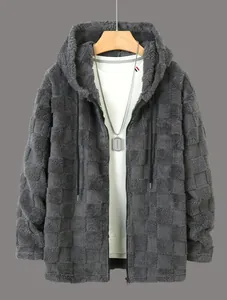Men's grey checkerboard textured fleece zip-up hoodie with drawstring hood and warm lining