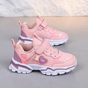 Girls Lightweight Heart Running Shoes Synthetic Leather MD Sole Reflective Sneakers Kids Casual Hook-and-loop Sport Shoes
