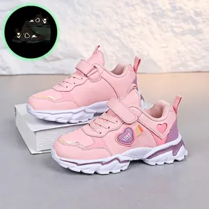 Stylish pink girls' lightweight sneakers featuring a heart pattern and glow-in-the-dark effect