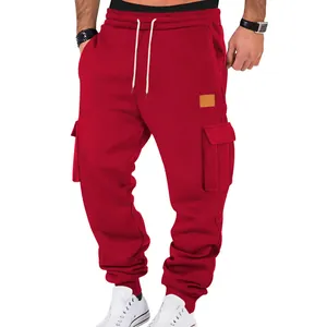 Pantalones cargo rojos para hombre con cintura con cordón y bolsillos laterales con solapa