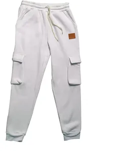Pantalones de chándal cargo blancos para hombre con múltiples bolsillos y cintura elástica