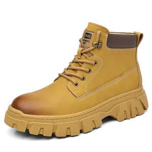 Bottines Martin classiques jaunes pour hommes avec semelle épaisse et design en cuir