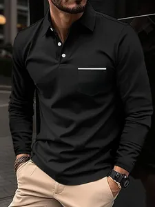 Men's casual long-sleeve polo shirt in black with a white-trimmed pocket