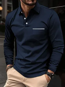 Men's navy blue long sleeve polo shirt with casual white trim pocket detail