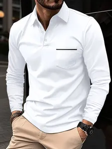 Premium men's white long sleeve polo shirt featuring a stylish chest pocket design for daily wear
