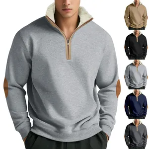 Men's half-zip sweatshirt with fleece collar and elbow patches in multiple colors.