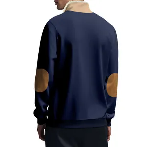 Detailed back view of men's navy blue half-zip sweatshirt with brown elbow patches