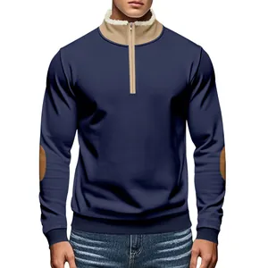 Detail of navy blue half-zip sweatshirt with sherpa-lined collar and elbow patches
