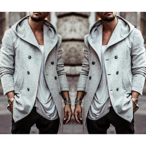 Grijze herenmantel met capuchon, dubbelrijige trenchcoat van space katoen, casual model