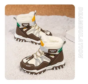 Detailed view of children's winter snow boots with warm fleece lining and sturdy soles.