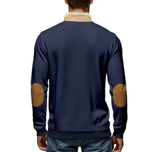Back view of vintage men's navy sweatshirt with brown elbow patches and fur collar