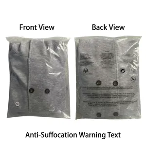Detail of a men's grey hooded double-breasted windbreaker in safe plastic packaging