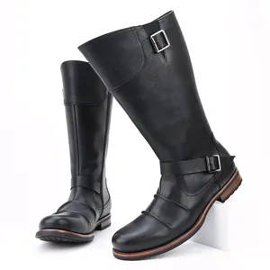 Bottes de moto noires hautes pour hommes avec fermeture éclair et boucles métalliques