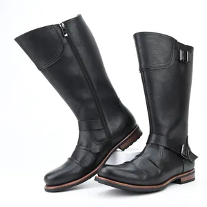 Bottes de moto noires classiques pour hommes avec fermeture éclair latérale et boucles métal