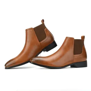 Stylish brown men's Chelsea boots featuring a sleek square toe and smooth leather finish.