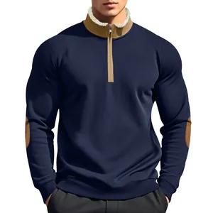 Men's navy blue half-zip sweatshirt featuring contrast khaki collar and fleece lining details