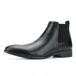 Side profile view of a stylish black square-toe leather Chelsea boot for men's fashion.