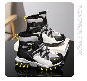 Warm children's snow boots for boys, fleece-lined winter outdoor footwear in grey and black