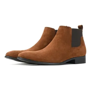 Side view of brown suede men's Chelsea boots featuring a stylish square toe design