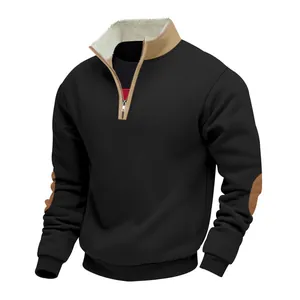 Detail of retro men's half-zip sweatshirt with sherpa lined collar and elbow patches