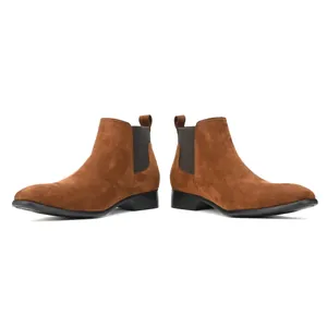 Professional side view of men's brown suede Chelsea boots with stylish square toe design