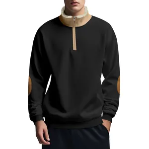 Macro detail of men's vintage half-zip pullover with fleece collar and elbow patches