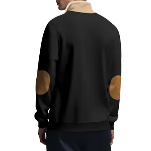 Back view of men's vintage black sweatshirt with brown elbow patches and sherpa collar