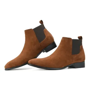 Side view of men's brown suede Chelsea boots with square toe and elastic panels