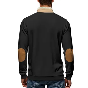 Back view of men's vintage black sweatshirt with brown elbow patches and sherpa collar.