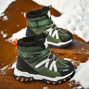 Durable green fleece-lined kids snow boots for winter outdoor skiing and extra warmth