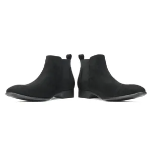 Sleek men's black suede Chelsea boots with square toe design on white background