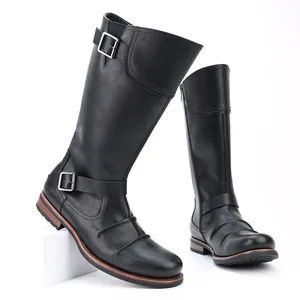 Bottes de moto hautes pour hommes avec fermeture éclair latérale, boucles en métal et plis