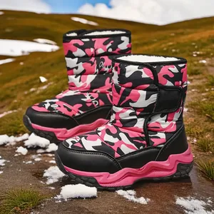 Bottes de neige camouflage roses chaudes pour enfants, chaussures d'hiver imperméables