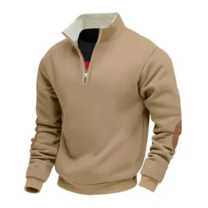 Detailed view of khaki men's half-zip sweatshirt with fleece collar and elbow patches