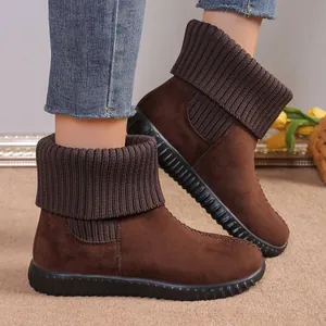 Close-up detail of brown suede winter boots featuring a warm ribbed knitted cuff